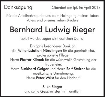Traueranzeige von Bernhard Ludwig Rieger von Schwäbische Post