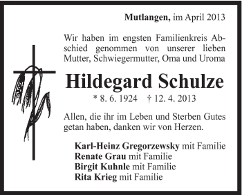Traueranzeige von Hildegard Schulze von Gmünder Tagespost