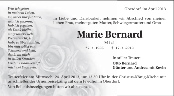 Traueranzeige von Marie Bernard von Schwäbische Post