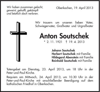 Traueranzeige von Anton Soutschek von Schwäbische Post