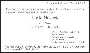 Traueranzeige von Lucia Nubert von Gmünder Tagespost