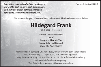 Traueranzeige von Hildegard Frank von Schwäbische Post