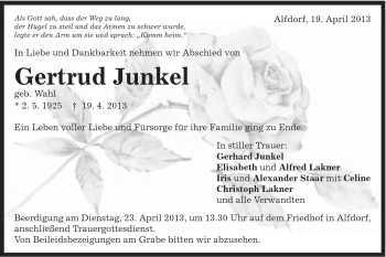 Traueranzeige von Gertrud Junkel von Gmünder Tagespost