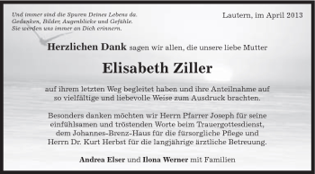 Traueranzeige von Elisabeth Ziller von Gmünder Tagespost
