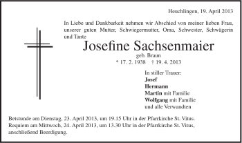 Traueranzeige von Josefine Sachsenmaier von Gmünder Tagespost