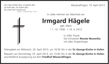 Traueranzeige von Irmgard Hägele von Schwäbische Post