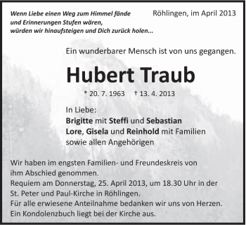 Traueranzeige von Hubert Traub von Schwäbische Post
