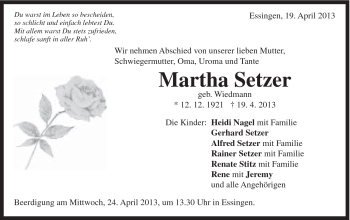 Traueranzeige von Martha Setzer von Schwäbische Post