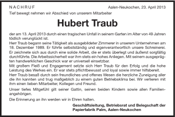 Traueranzeige von Hubert Traub von Schwäbische Post