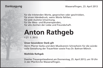 Traueranzeige von Anton Rathgeb von Schwäbische Post