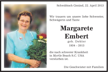 Traueranzeige von Margarete Embert von Gmünder Tagespost
