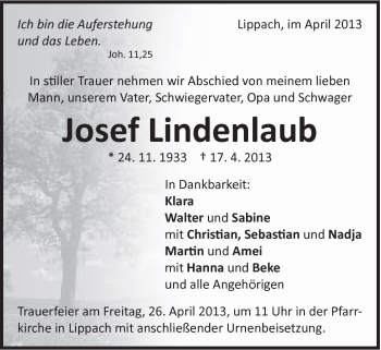 Traueranzeige von Josef Lindenlaub von Schwäbische Post