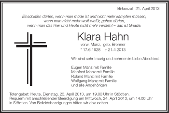 Traueranzeige von Klara Hahn von Schwäbische Post