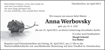 Traueranzeige von Anna Werbovsky von Schwäbische Post