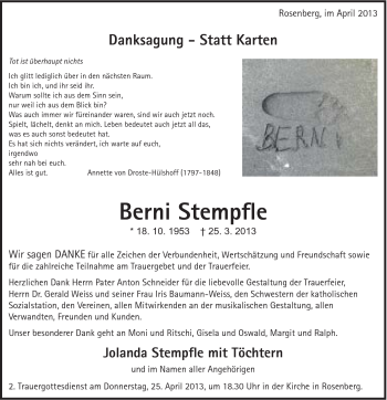 Traueranzeige von Bernhard Stempfle von Schwäbische Post