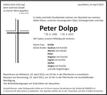 Traueranzeige von Peter Dolpp von Schwäbische Post