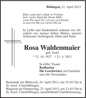 Traueranzeige von Rosa Waldenmaier von Gmünder Tagespost