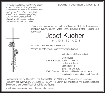 Traueranzeige von Josef Kucher von Schwäbische Post