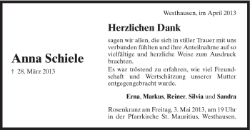 Traueranzeige von Anna Schiele von Schwäbische Post