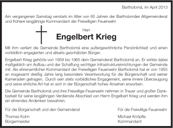 Traueranzeige von Engelbert Krieg von Gmünder Tagespost