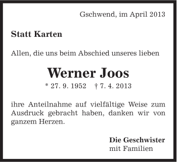Traueranzeige von Werner Joos von Gmünder Tagespost