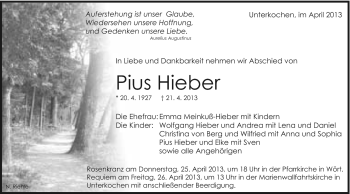 Traueranzeige von Pius Hieber von Schwäbische Post