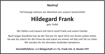 Traueranzeige von Hildegard Frank von Schwäbische Post