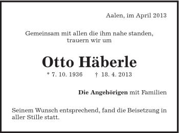 Traueranzeige von Otto Häberle von Schwäbische Post