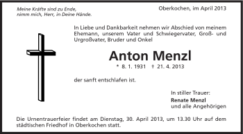 Traueranzeige von Anton Menzl von Schwäbische Post