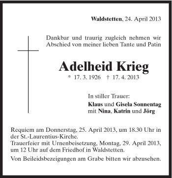 Traueranzeige von Adelheid Krieg von Gmünder Tagespost