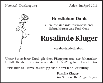 Traueranzeige von Rosalinde Kluger von Schwäbische Post