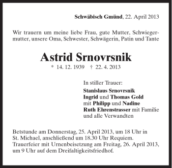 Traueranzeige von Astrid Srnovrsnik von Gmünder Tagespost