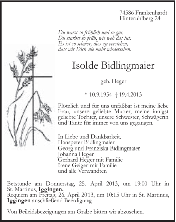 Traueranzeige von Isolde Bidlingmaier von Gmünder Tagespost