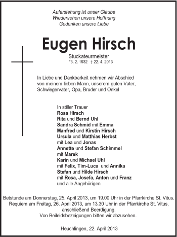 Traueranzeige von Eugen Hirsch von 020