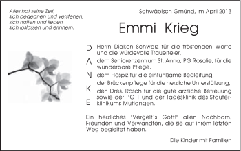 Traueranzeige von Emmi Krieg von Gmünder Tagespost