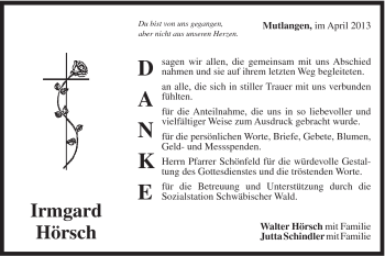 Traueranzeige von Irmgard Hörsch von Gmünder Tagespost