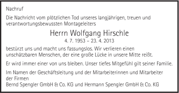 Traueranzeige von Wolfgang Hirschle von Schwäbische Post