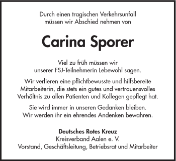 Traueranzeige von Carina Sporer von Schwäbische Post