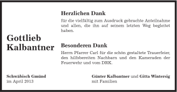 Traueranzeige von Gottlieb Kalbantner von Gmünder Tagespost