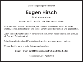 Traueranzeige von Eugen Hirsch von 020
