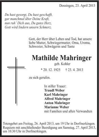 Traueranzeige von Mathilde Mahringer von Schwäbische Post