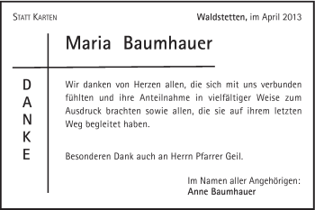 Traueranzeige von Maria Baumhauer von Gmünder Tagespost