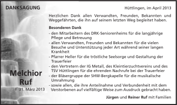 Traueranzeige von Melchior Ruf von Schwäbische Post