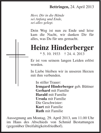 Traueranzeige von Heinz Hinderberger von Gmünder Tagespost