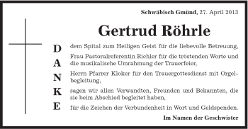 Traueranzeige von Gertrud Röhrle von Gmünder Tagespost