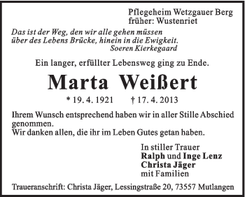 Traueranzeige von Marta Weissert von Gmünder Tagespost