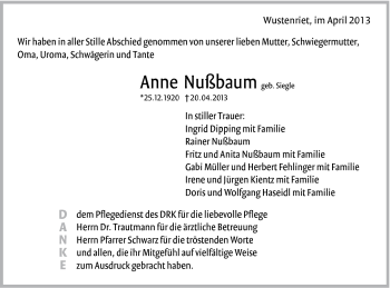 Traueranzeige von Anne Nußbaum von Gmünder Tagespost