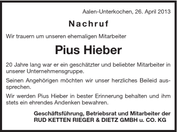 Traueranzeige von Pius Hieber von Schwäbische Post