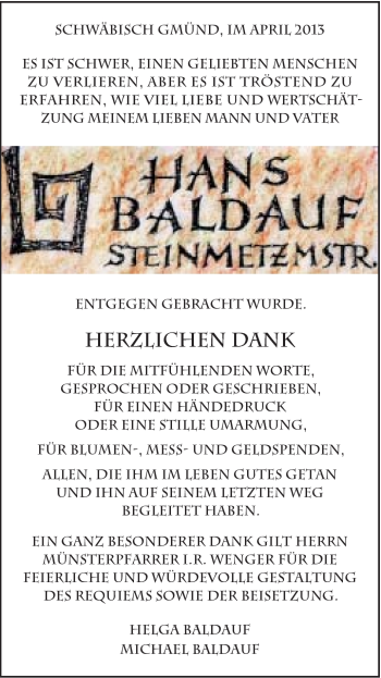 Traueranzeige von Hans Baldauf von Gmünder Tagespost