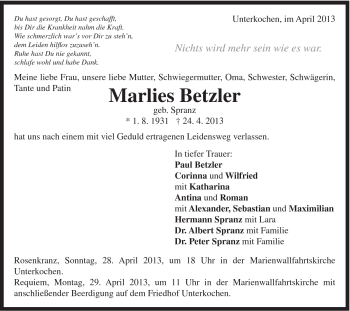 Traueranzeige von Marlies Betzler von Schwäbische Post